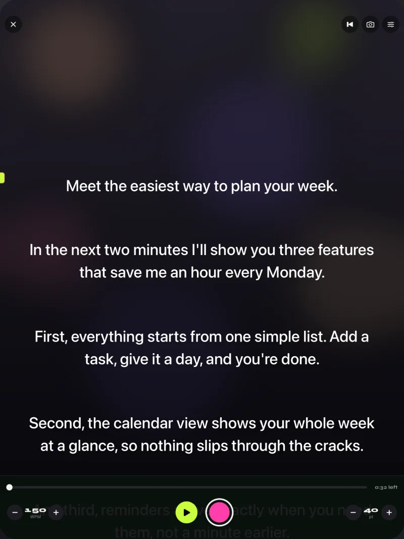 The Gazecue prompter on iPad: wide script lines, the lime reading-line marker, speed and font size controls at the bottom.