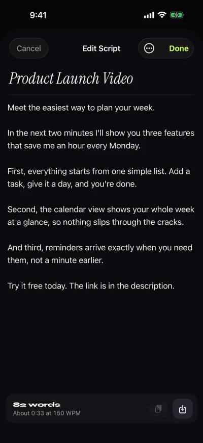 The script editor on iPhone showing a script titled Product Launch Video, 82 words, about 0:33 at 150 WPM.