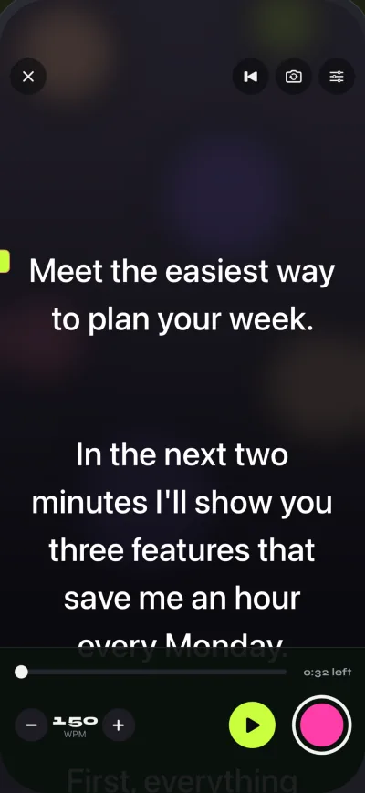The Gazecue prompter on iPhone: the script scrolls in large white text, with speed at 150 words per minute, play and the pink record button at the bottom.